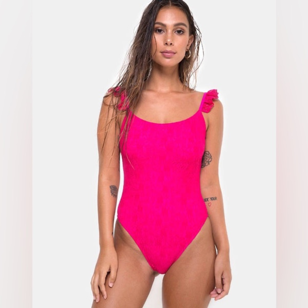 High Cut Hot Pink Ruffle One Piece - Picture 5 of 5